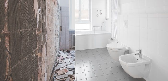 Zweigeteiltes Bild: links eine Baustelle mit abgebrochenen Fliesen und freigelegter Wand, rechts ein modernes, sauberes Badezimmer mit Badewanne, Toilette und Bidet.